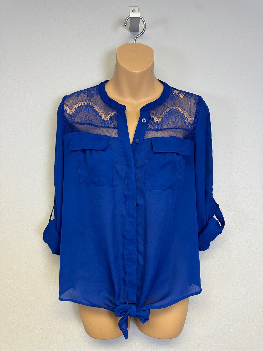 Candie’s Royal Blue Lace Yoke Tie-Front Chiffon Button Front Blouse